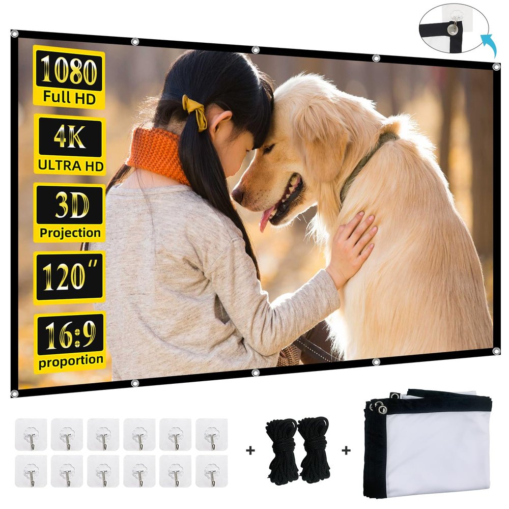 XINLEMY 120 inch Projector Screen 16:9 Foldable Washable Portable Projection Movies Screens Support Double Sided Projection for Home Theater Backyard Outdoor Indoor
