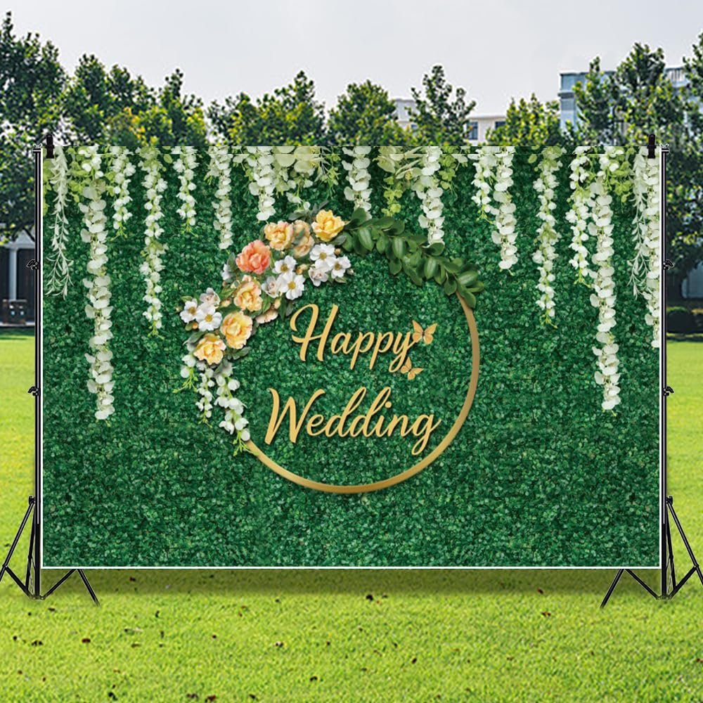 7 * 5FT Wedding Backdrop Greenery Backdrop with Flower Photography Green Leaf Grass Wall Photo Backdrops Wedding Bridal Shower Party Decoration Photo Booth Studio Props Vinyl (Green-2)