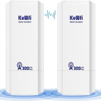 KuWFi 2.4G 300Mbps Network Wireless Ethernet Bridge, Outdoor CPE WiFi Point to Point Wireless Access Point Internet Bridge 1KM Long Range Distance Solution for Extend starlink Router Signal 2-Packs