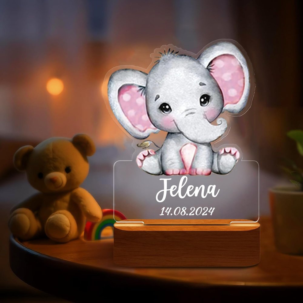 DirectNine Basics Personalized Night Light for Kids - Custom Name Animal Led Acrylic Bedroom Night Light, Baby Lamp for Nursery Decor, Adjustable Brightness, Personalized Gifts for Kids Boys Girls,Elephant 2