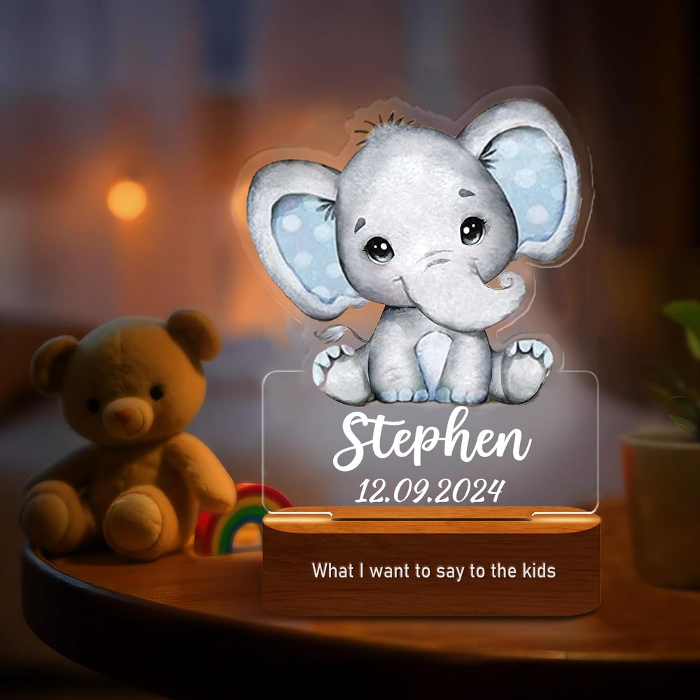 DirectNine Basics Personalized Night Light for Kids - Custom Name Animal Led Acrylic Bedroom Night Light, Baby Lamp for Nursery Decor, Adjustable Brightness, Personalized Gifts for Kids Boys Girls,A-Elephant 1