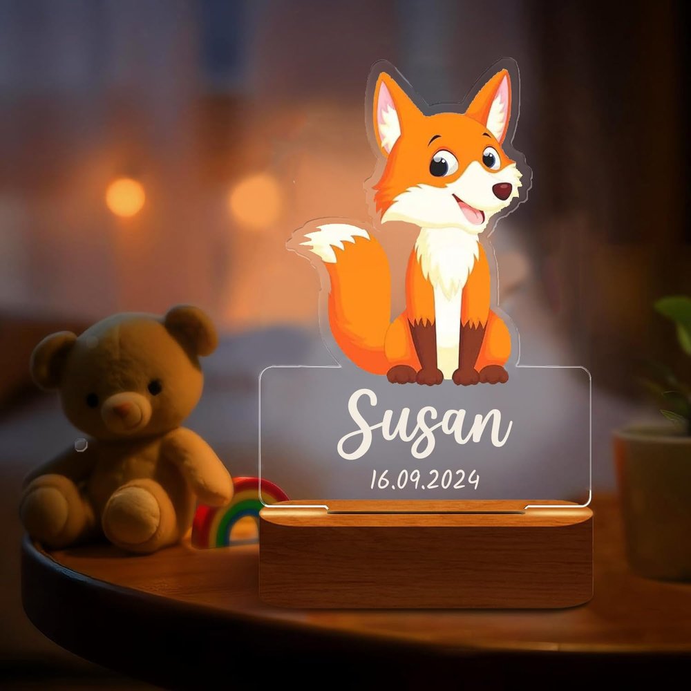 DirectNine Basics Personalized Night Light for Kids - Custom Name Animal Led Acrylic Bedroom Night Light, Baby Lamp for Nursery Decor, Adjustable Brightness, Personalized Gifts for Kids Boys Girls,Fox