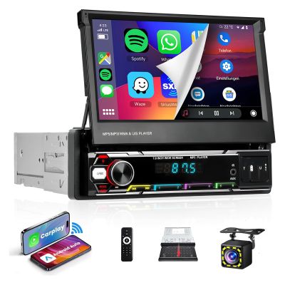 Wireless Carplay 7inch Single Din Touchscreen Radio,IPS Manual Flip Out Touchscreen,AM/FM/RDS 5.1Bluetooth Car Stereo,Fast Charging,Wireless Android Auto,Mirror Link,2 USB/TF/AUX Port+Backup Camera