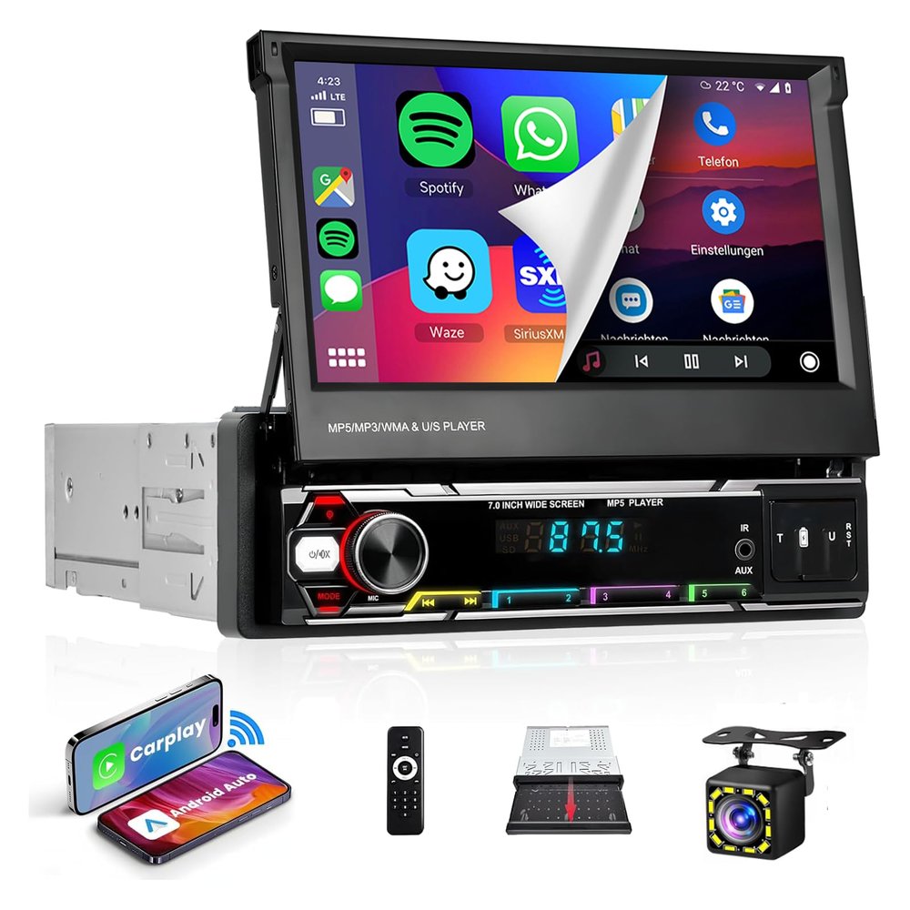 Wireless Carplay 7inch Single Din Touchscreen Radio,IPS Manual Flip Out Touchscreen,AM/FM/RDS 5.1Bluetooth Car Stereo,Fast Charging,Wireless Android Auto,Mirror Link,2 USB/TF/AUX Port+Backup Camera