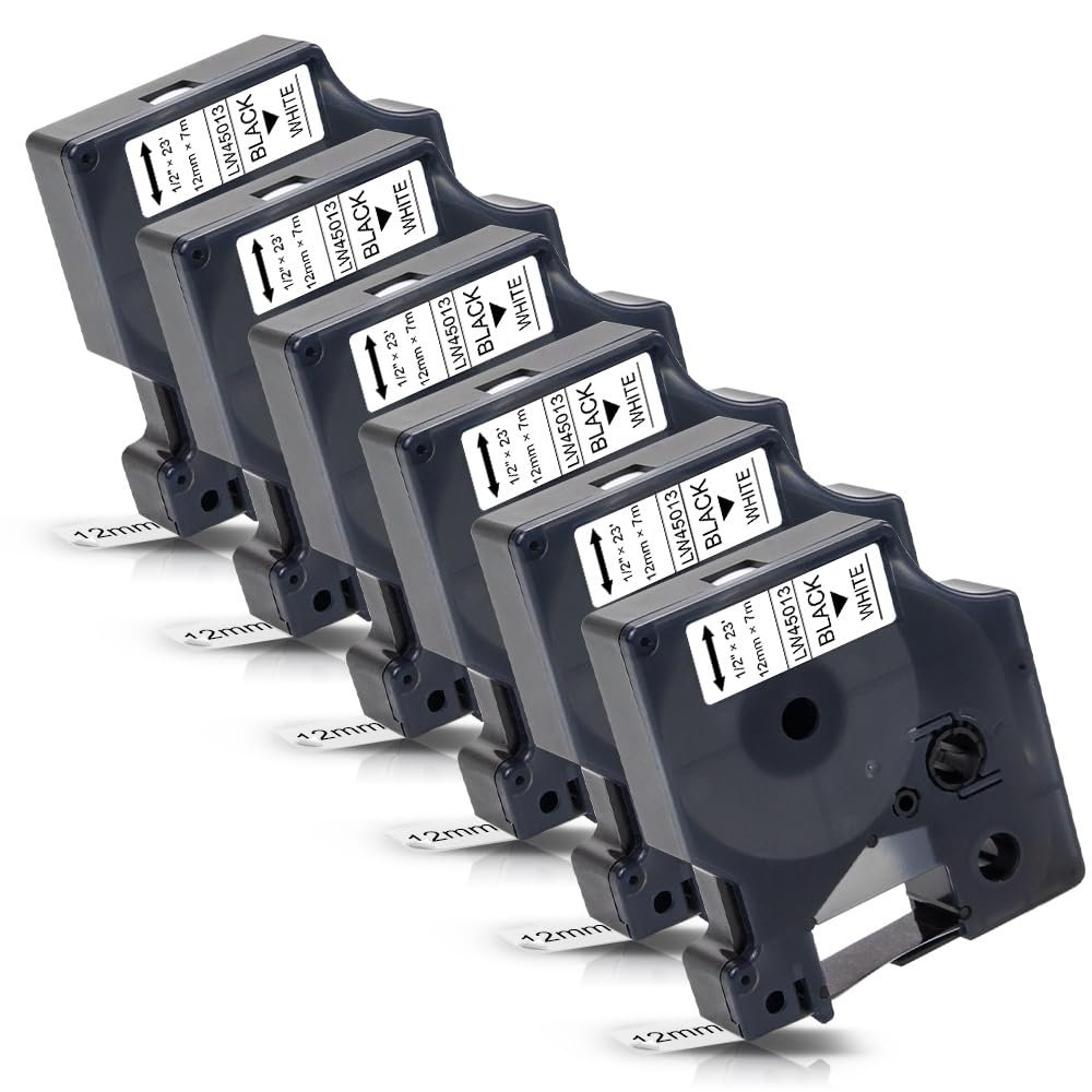 Labelwell 6-Pack a45013 Compatible Dymo D1 Label Tape Black on White Replacement for 45013 S0720530 Refills for LabelManager 160 280 210D 360D 420P 450P 450D 450DUO PnP Label Maker, 1/2 Inch x 23 Ft