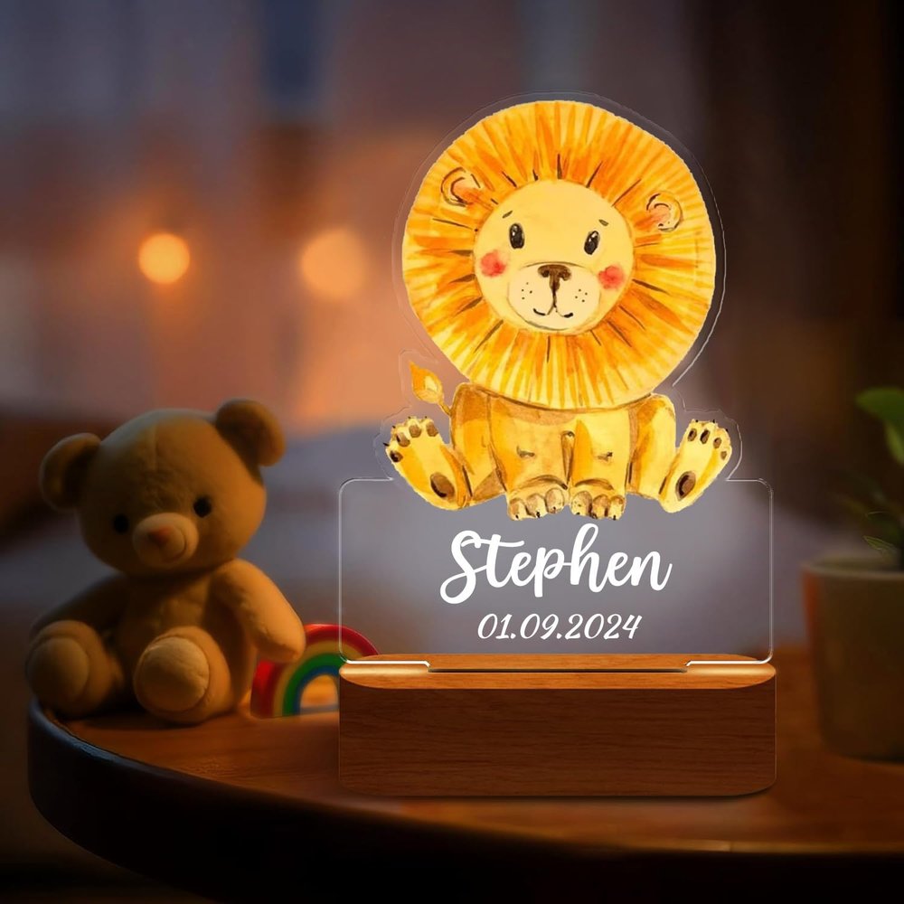 Personalized Night Light for Kids - Custom Name Animal Led Acrylic Bedroom Night Light, Baby Lamp for Nursery Decor, Adjustable Brightness, Personalized Gifts for Kids Boys Girls,Lion