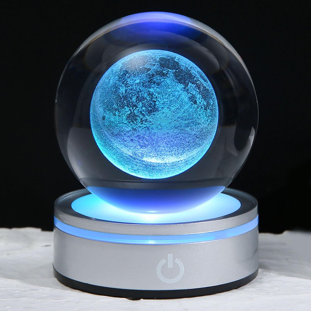 Goutangen 3D Crystal Ball Moon with LED Lamp Base, Space Decor Night Light Snow Globe Unique Astronomy Universe Gifts for Adults Kids Teacher Mom Boy&Girlfriend on Birthday Graduation-3.15in.