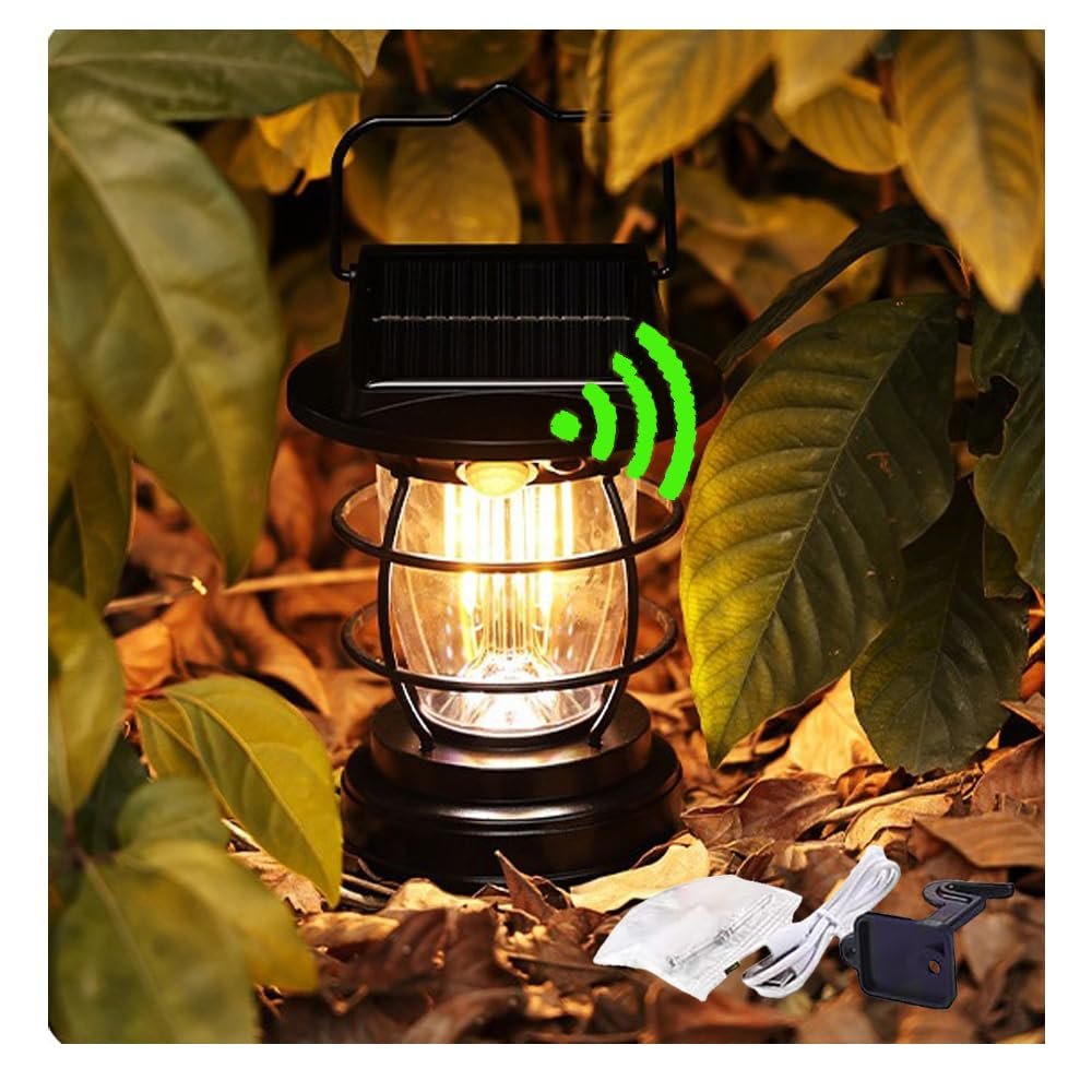 [1200lm] Motion Sensor Solar Lanterns Outdoor Tent Lights Portable Camping Exterior Front Porch Waterproof Table Desk Wall Sconce Lamp Rechargeable Anti Rust Coach for House Doorway Garage 1 Pack