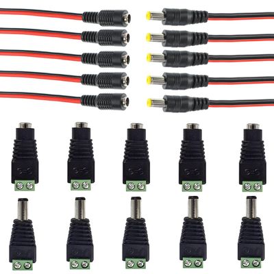 Ganasome 5 Pairs DC Power Jack Plug Adapter Connector + 10 Pairs DC Power Pigtail Cable 12V 5A Male & Female for CCTV Surveillance