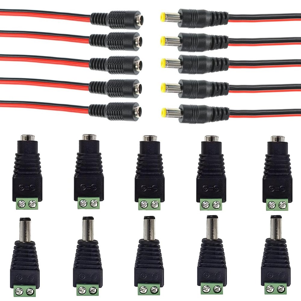 Ganasome 5 Pairs DC Power Jack Plug Adapter Connector + 10 Pairs DC Power Pigtail Cable 12V 5A Male & Female for CCTV Surveillance