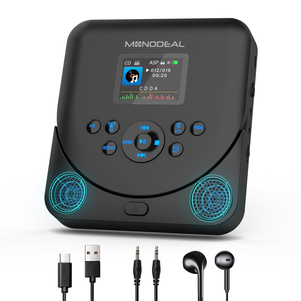 CD Player Portable,MONODEAL Bluetooth CD Player with Speakers and FM Transmitter,Support TF Card,Rechargeable Player for Car/Home with 2.0 TFT Screen