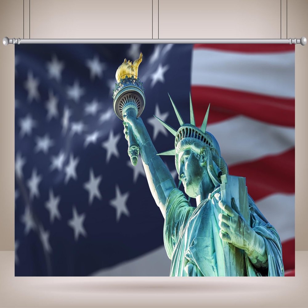 Loccor 12x10ft Fabric Statue of Liberty Backdrop American Flag 4th of July Independence Day Photography Background for Patriot Portrait Photo Video Shooting Studio Props