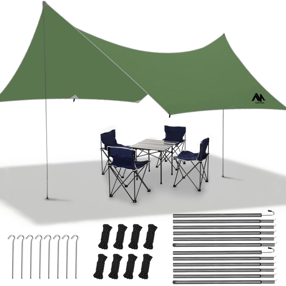 Camping Tarp with Poles - AYAMAYA Large Size 10x15 FT Tent Tarps - Waterproof Hammock Awnings Canopy Rain Fly Picnic Mat Survival Shelter for Backpacking Hiking Beach Sun Shade with Stakes & Guylines