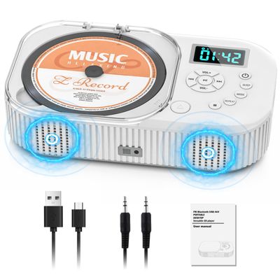 AFU 2000mAh CD Player Portable with Bluetooth, CD Boombox Portable for Home/Car with Remote Control, Dual Speaker,Rechargeable CD Player with FM Radio, Anti Skip,Support AUX/USB, Headphone Jack