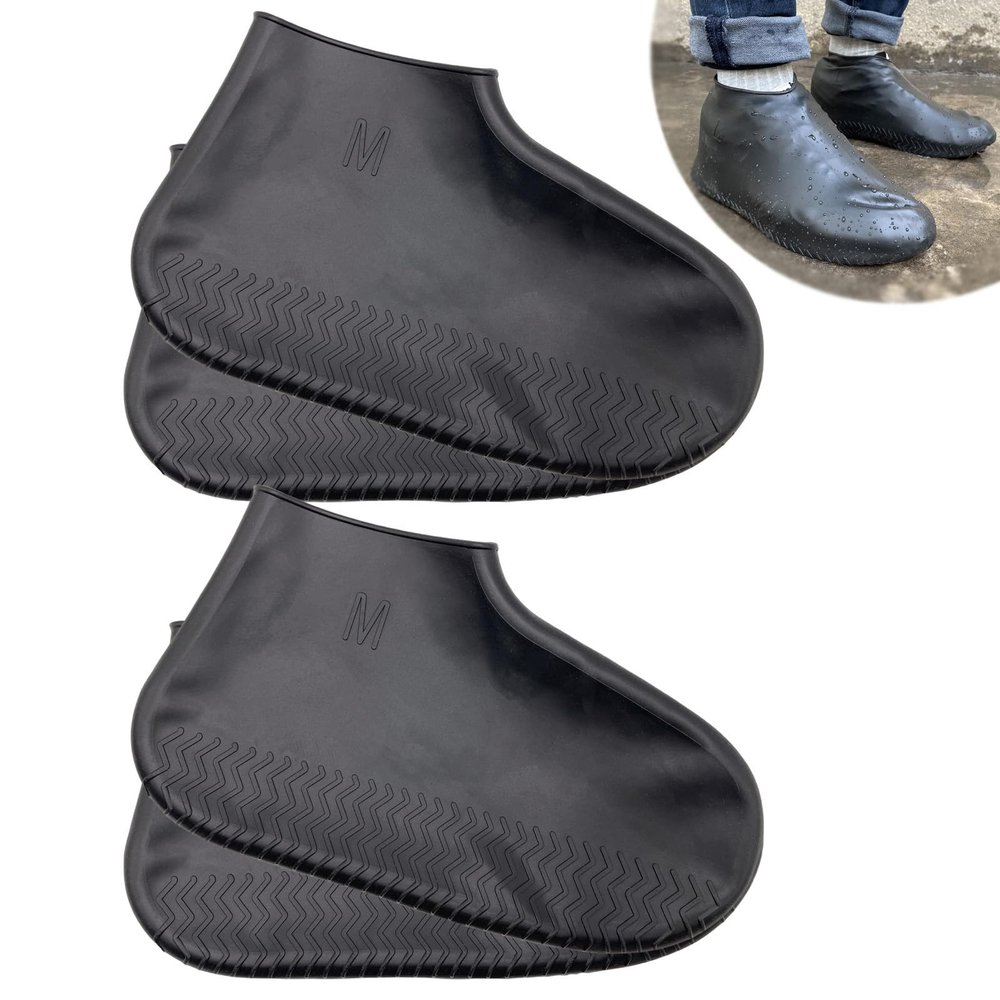 LSDWL Waterproof Shoe Covers 2 Pairs,Rain Shoe Covers Reusable Silicone Non Slip Shoe Covers for Outdoor,Rain Shoe Covers for Women and Men (Black, Medium)