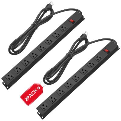 2Pack Metal 8 Outlet Mountable Power Strip, Wall Mount Outlet Heavy Duty, Wide Spaced Commercial Shop Power Strip with Switch, 10 FT SJT 14AWG Power Cord.