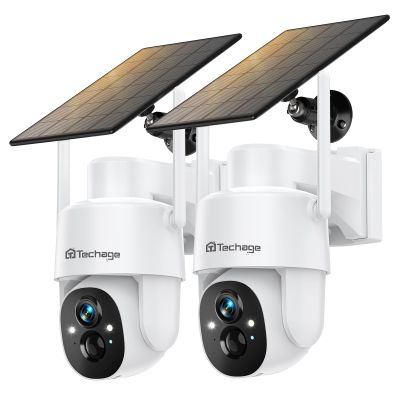 Solar Security Cameras Wireless Outdoor, 2K WiFi Cameras for Home Security, 360 PTZ Surveillance Camera with PIR, Color Night Vision, 2-Way Talk, IP66 Waterproof, SD/Cloud, Work with Alexa (2 Pack)