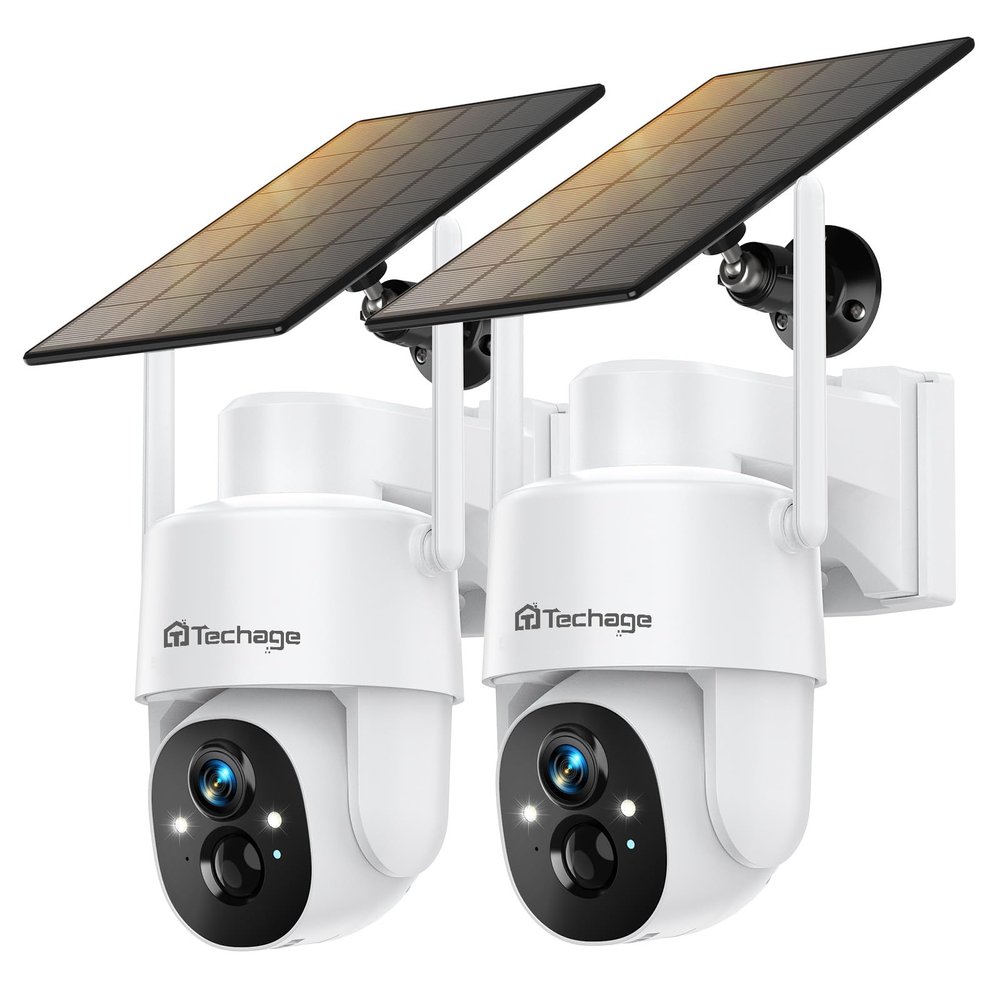 Solar Security Cameras Wireless Outdoor, 2K WiFi Cameras for Home Security, 360 PTZ Surveillance Camera with PIR, Color Night Vision, 2-Way Talk, IP66 Waterproof, SD/Cloud, Work with Alexa (2 Pack)