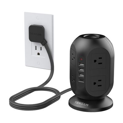 Surge Protector Power Strip Tower, TESSAN 10 ft Flat Extension Cord with Multiple Outlets, 8 AC Outlets 4 USB Ports (1 USB C), Charging Station with Surge Protection for Home Office Dorm, Black