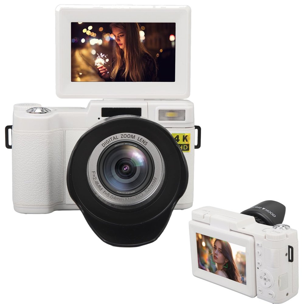 4K Digital Camera, 3inch 48MP 16X Zoom 180 Flip Screen Small Camera, Auto Focus Vlogging Camera with Face Beautying Function, Gifts for Teens Adult Beginner Kids (White)