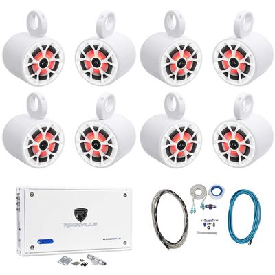 Rockville RKL65MBW Bundle: (4) Pairs 6.5 in 700-Watt Marine LED Speakers, (4) Pairs MAC65W 6.5-in Aluminum Tower Pod Enclosures, RXM8BTW 8-Channel Bluetooth Amplifier, RMWK4 Wiring Kit, 10-Items