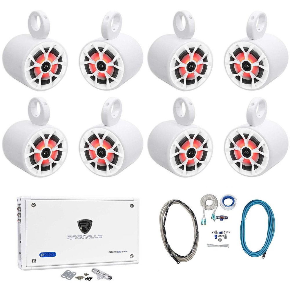 Rockville RKL65MBW Bundle: (4) Pairs 6.5 in 700-Watt Marine LED Speakers, (4) Pairs MAC65W 6.5-in Aluminum Tower Pod Enclosures, RXM8BTW 8-Channel Bluetooth Amplifier, RMWK4 Wiring Kit, 10-Items