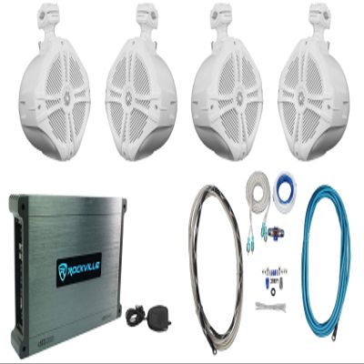 Rockville Bundle: (4) RWB90W Marine Swivel Tower Speakers Bundle with DBM45 4-Ch RMS Marine Amp, RMWK4 Marine Amp Wire Kit (6 Items), White, (2) RWB90W+DBM45+RMWK4 v2-AM