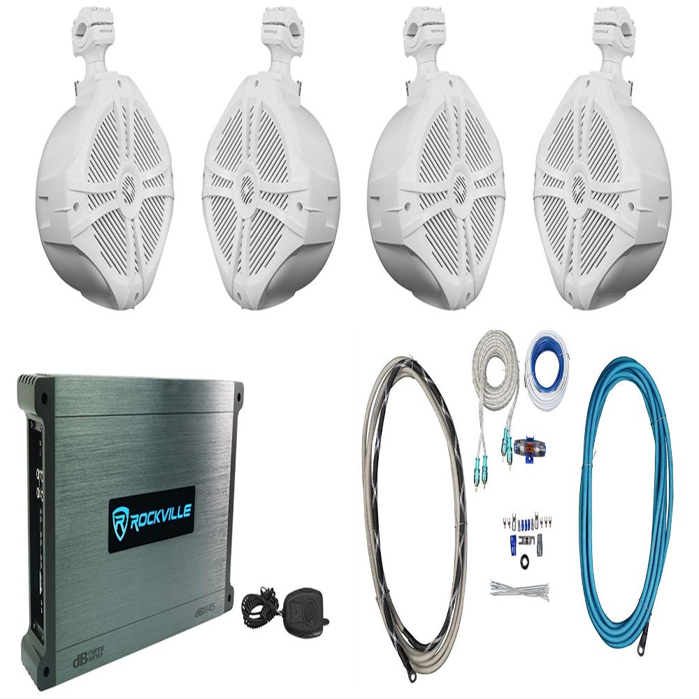 Rockville Bundle: (4) RWB90W Marine Swivel Tower Speakers Bundle with DBM45 4-Ch RMS Marine Amp, RMWK4 Marine Amp Wire Kit (6 Items), White, (2) RWB90W+DBM45+RMWK4 v2-AM