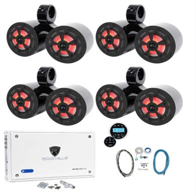 Rockville RKL65MBW Bundle: (4) Pairs 6.5" 700W peak/170W RMS Marine LED Speakers, (4) DMAC65B Dual Tower Pods, RXM8BTW 8-Ch Class D Amplifier, RGHR2 Hole Receiver, RMWK4 Amp Wiring Kit, 11-Items