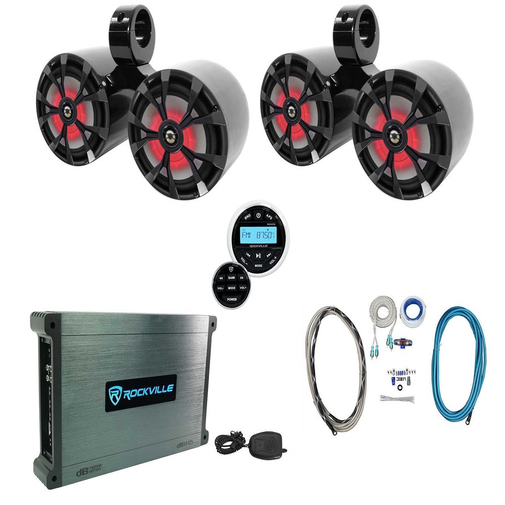 Rockville RKL80MB Bundle: (4) 8 in 450W Peak/100W RMS LED Marine Tower Speakers, DBM45 4-Ch 2000W Peak Amp, (2) DMAC80B Dual 7.7 in Enclosures, RGHR2 Bluetooth Receiver, RMWK4 Install Kit, 9-Items
