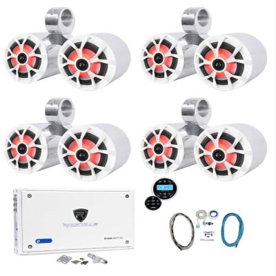 Rockville RKL65MBW Bundle: (4) Pairs 6.5" LED Boat Speakers 700W peak/170W RMS, (4) DMAC65S Dual 6.5" Pods, RXM8BTW 1500W 8-Channel Amplifier, RGHR2 Bluetooth Receiver, RMWK4 Amp Wiring Kit, 11-Items