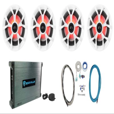 Rockville RKL65MBW Bundle: (2) Pairs of 6.5 in 700W Marine Boat Speakers with LED & Black/White Grilles, DBM45 4-Channel 2000W Peak Marine Amplifier, RMWK4 4 AWG Waterproof Install Kit, 6-Items