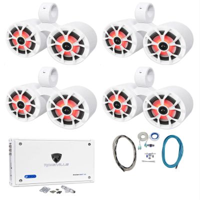 Rockville RKL65MBW Bundle: (4) Pairs 6.5-in LED Speakers 350W Peak/85W RMS Each, (4) DMAC65W Dual 6.5" Tower Enclosures, RXM8BTW 8-Ch Bluetooth Amp 1500W Peak/750W RMS, RMWK4 Amp Wiring Kit, 10-Items
