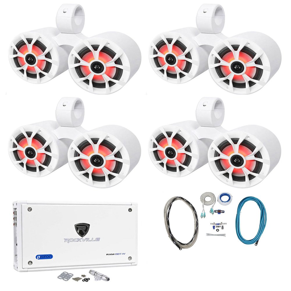Rockville RKL65MBW Bundle: (4) Pairs 6.5-in LED Speakers 350W Peak/85W RMS Each, (4) DMAC65W Dual 6.5" Tower Enclosures, RXM8BTW 8-Ch Bluetooth Amp 1500W Peak/750W RMS, RMWK4 Amp Wiring Kit, 10-Items