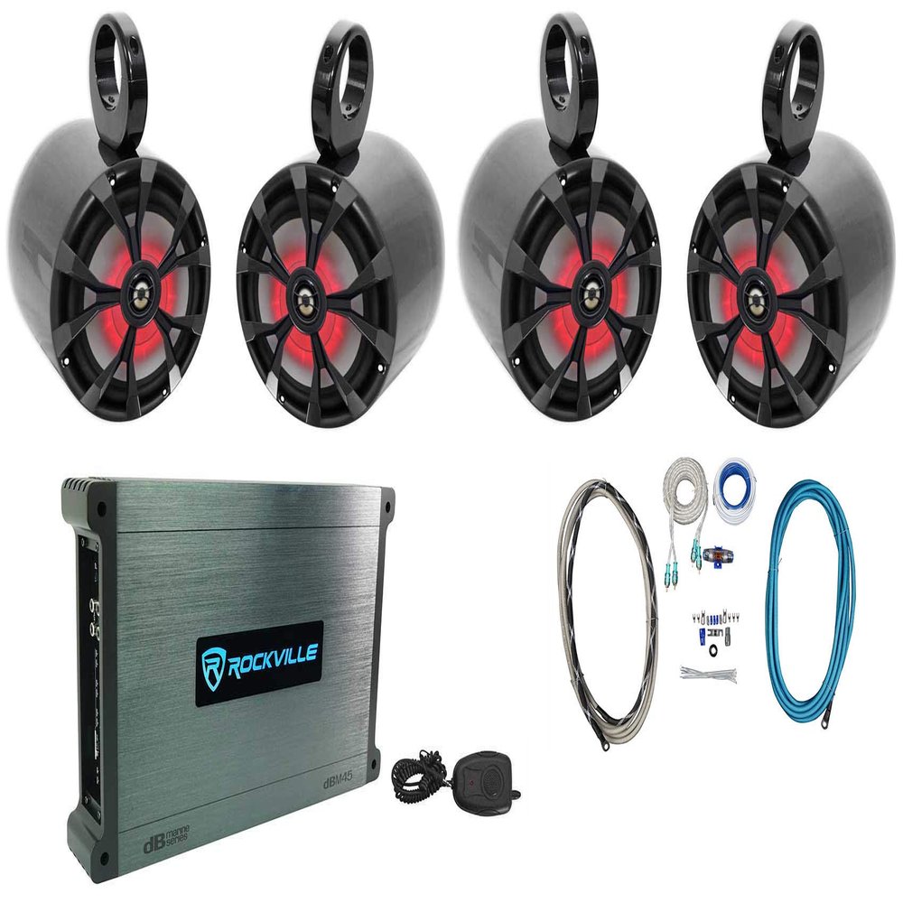 Rockville RKL80MB Bundle: (4) 8-in 900-Watt 2-Way Marine Boat Speakers with LEDs, DBM45 4-Channel 2000-Watt Marine Amplifier, (4) MAC80B Aluminum Wakeboard Tower Speaker Pods, RMWK4 Amp Kit, 10-Items