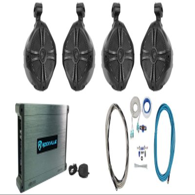 Rockville RWB90B Bundle: (2) Pair of 8 in 300W Black Marine Wakeboard 360 Swivel Tower Speakers, DBM45 4-Channel 2000W Peak Marine Amplifier, RMWK4 Waterproof Install Kit, 5-Items