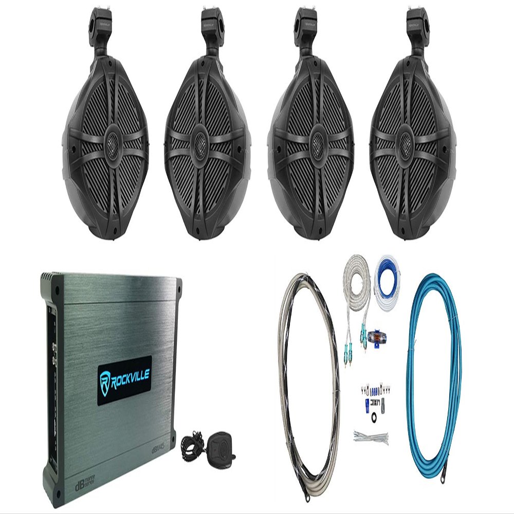 Rockville RWB90B Bundle: (2) Pair of 8 in 300W Black Marine Wakeboard 360 Swivel Tower Speakers, DBM45 4-Channel 2000W Peak Marine Amplifier, RMWK4 Waterproof Install Kit, 5-Items