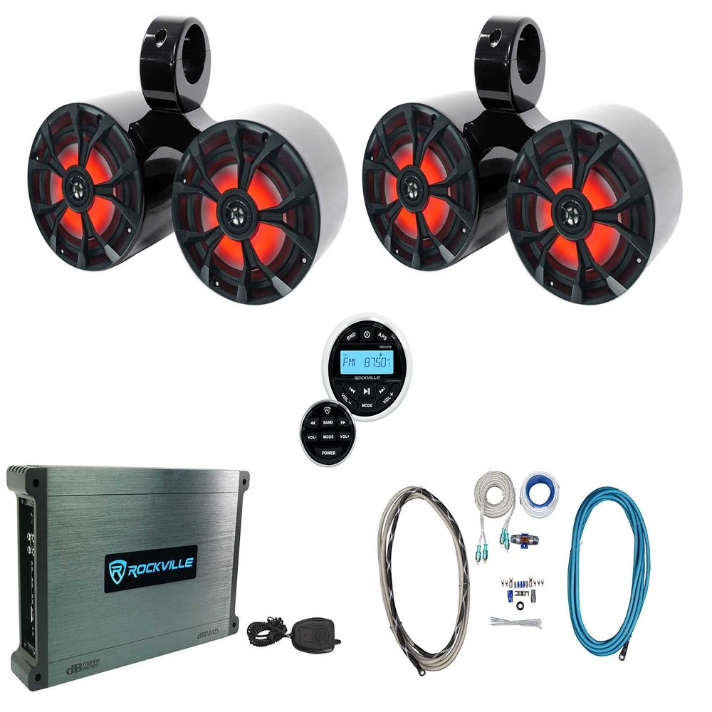 Rockville RKL65MBW Bundle: (4) 6.5-in 700W Marine Boat Speakers with LED, DBM45 4-Channel Marine Amplifier, (2) DMAC65B Wakeboard Enclosures, RGHR2 Receiver, RMWK4 Install Kit, 9-Items