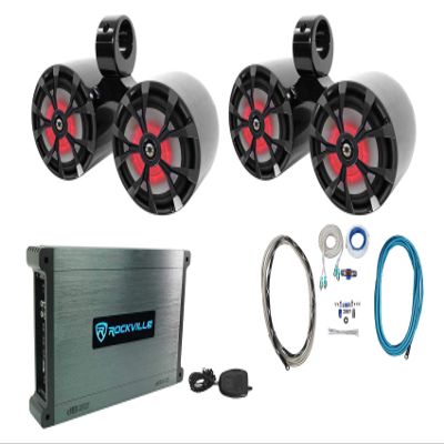 Rockville RKL80MB Bundle: (4) 8" 900W Peak/200W RMS Marine LED Tower Speakers, (2) DMAC80B Dual 7.7 in Wakeboard Enclosures, DBM45 2000W Peak/500-Watt RMS Marine Amplifier, RMWK4 Install Kit, 8-Items