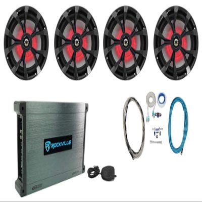 Rockville RKL80MB Bundle: (2) Pairs of 8 in 900W Marine Boat Speakers with LED Lights & Black Grilles, DBM45 4-Channel 2000W Peak Marine Amplifier, RMWK4 4 AWG Waterproof Install Kit, 6-Items