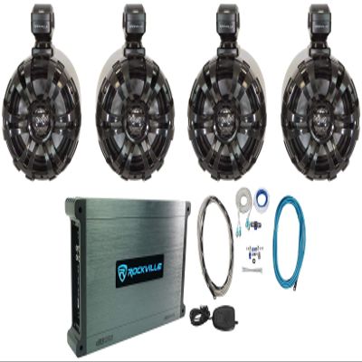 Rockville WB65 Bundle: (4) 6.5 in 600W Peak/ 300W RMS Marine Wakeboard Swivel Tower Speakers, DBM45 4-Channel 2000-Watt Peak Amplifier, RMWK4 4 AWG Waterproof Install Kit, 6-Items
