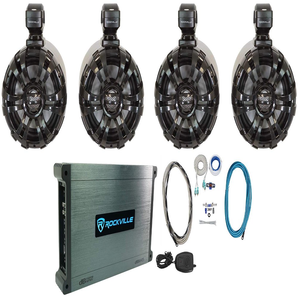 Rockville WB65 Bundle: (4) 6.5 in 600W Peak/ 300W RMS Marine Wakeboard Swivel Tower Speakers, DBM45 4-Channel 2000-Watt Peak Amplifier, RMWK4 4 AWG Waterproof Install Kit, 6-Items