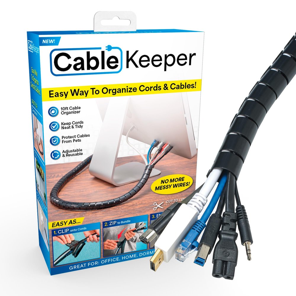 Cable Keeper Cord Organizer, 10-Foot Adjustable Cord Cover, Reusable and Protective Desk Cord Organizer, Versatile TV & Computer Wire Organizer, Clip and Zip Design