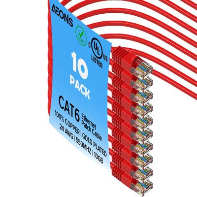 AEONS 10Gbps Snagless Cat 6 Ethernet Patch Cable 10 ft LAN UTP Cat6 RJ45 Internet Network Cable for Patch Panel Switch, Gold Plated UL Listed, Red (10-Pack)