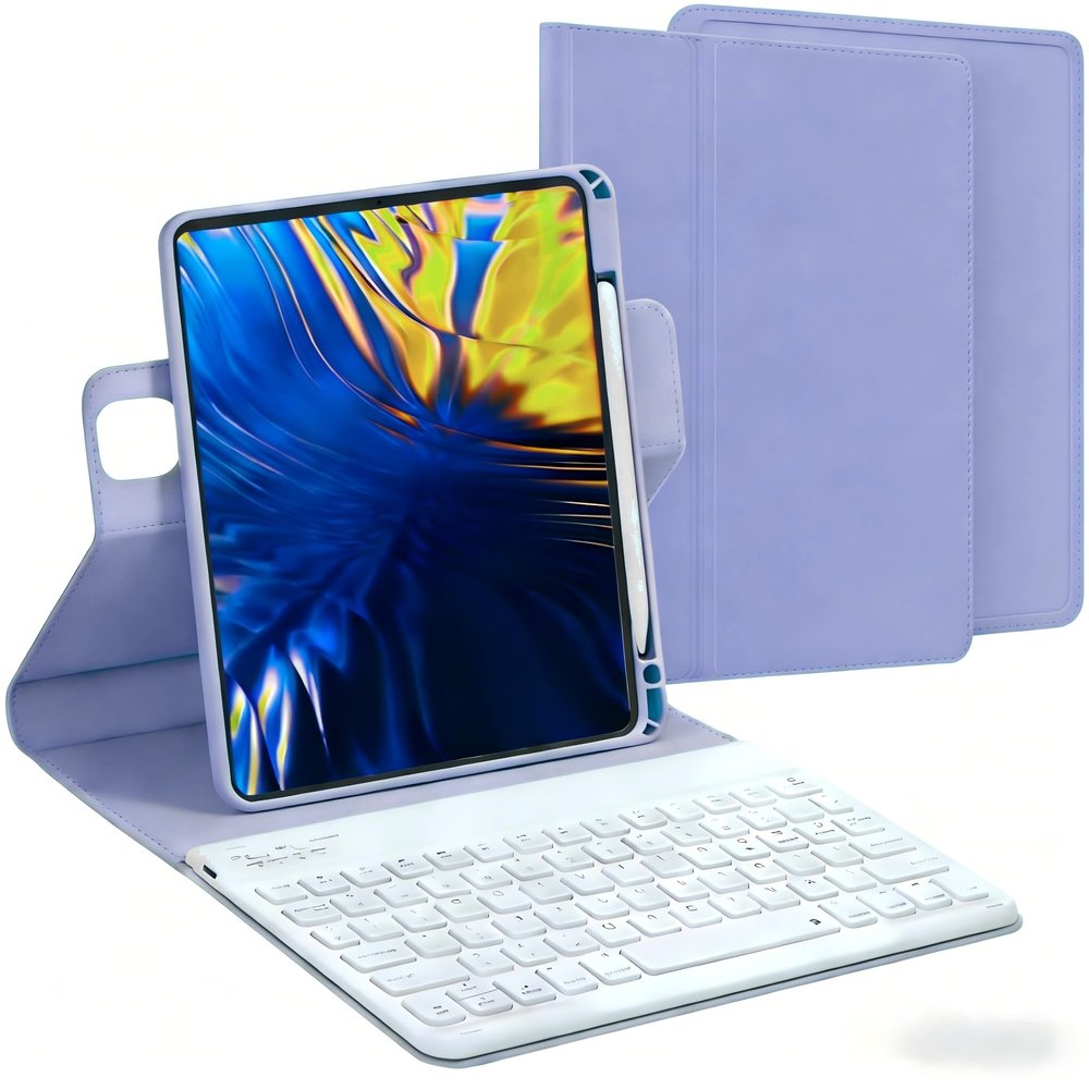 AnMengXinLing Vertical Keyboard Case for iPad 11th Generation 11-inch (A16), iPad 10th Gen, 360 Rotatable Magnetic Detachable Keyboard Cover with Pencil Holder, 360 Rotate-Purple+White