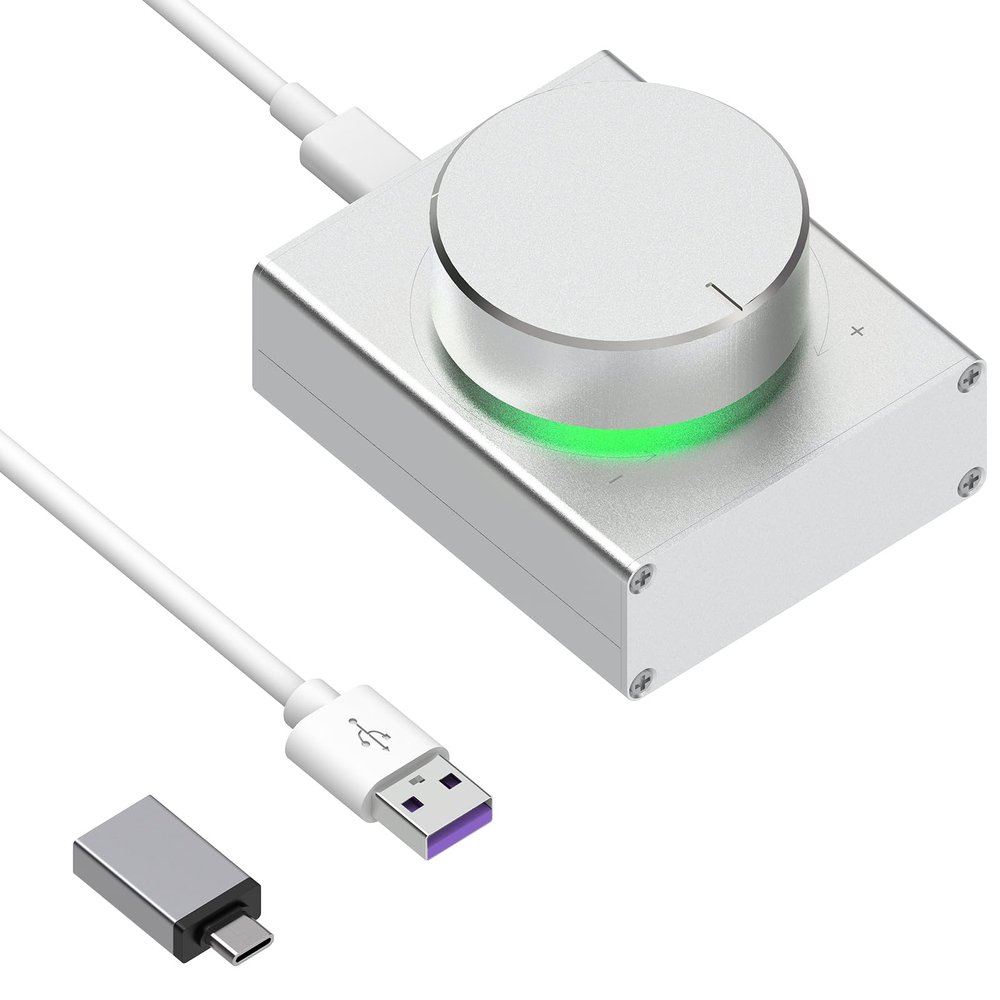 Geekria Audio Control Knob, Metal Volume Adjustment Dial, PC/Phone Volume Controller with Mute, USB and USB-C, Win 7/8/10/MAC/Android, Gaming and Office (Silver)