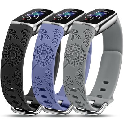 Minyee 3 Packs Floral Engraved Band Compatible with Fitbit Luxe Band for Women, Cute Sport Soft Silicone Strap Dandelion Designer Summer Replacement Wristband for Luxe/Luxe SE Fitness Smart Watch