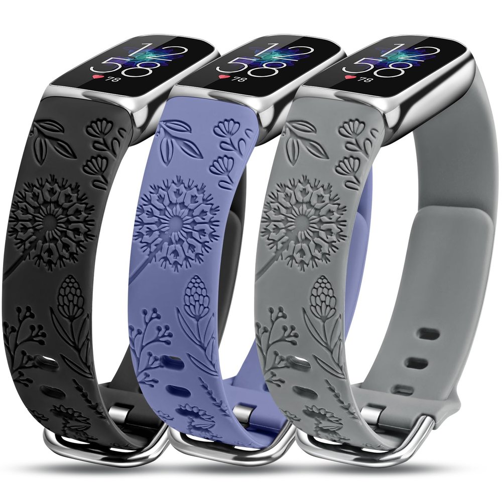 Minyee 3 Packs Floral Engraved Band Compatible with Fitbit Luxe Band for Women, Cute Sport Soft Silicone Strap Dandelion Designer Summer Replacement Wristband for Luxe/Luxe SE Fitness Smart Watch