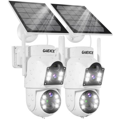 GAIEXCE Solar Security Cameras Wireless OutdoorDual Lens 100% Wire-Free Battery Powered Camera, Pan Tilt, 4MP Color Night Vision, PIR Motion Detection, Spotlight/Siren Alarm, Only 2.4G WiFi