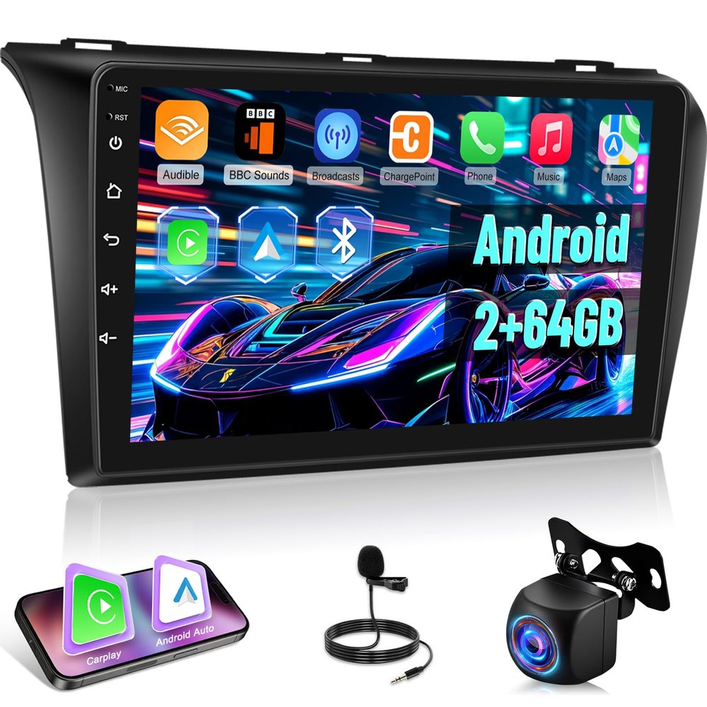 2+64G Car Radio for Mazda 3 2004-2009 - Wireless Carplay & Android Auto - 9 Inch Android 13 Stereo with WiFi/EQ/GPS + AHD Rear View Camera